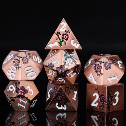 Glitter Purple DND Metal Dice, Flower DND Dice Set with Gift Case for Dungeons and Dragon,7PCS Solid Dice Tabletop Game (Antique Red Copper-Red) - color: Antique Red Copper-red