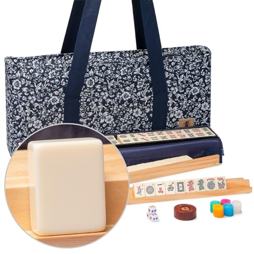 Yellow Mountain Imports American Mahjong Game Set, Blue Calico with Floral Blue Soft Case - All-in-One Racks with Pushers, Wright Patterson Scoring Coins, Dice, and Wind Indicator - color: Blue Flora Print