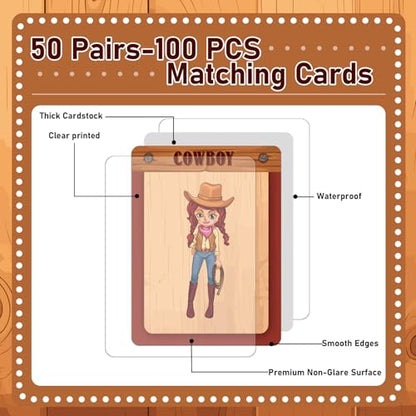 gisgfim 100 PCS Memory Matching Game Cowboy Concentration Memory Card Games for Kids Educational A Fun & Fast Western Party Favor Wild West Theme Matching Games - style: Western Cowboy