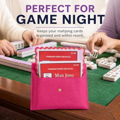 Leather Mahjong Card Clutch Pouch, 8 x 6 Inches Protective Case for American Mahjong Strategy Cards, Secure Magnetic Closure Accessories Holder, Elegant Game Night Gift (Magenta) - color: Magenta