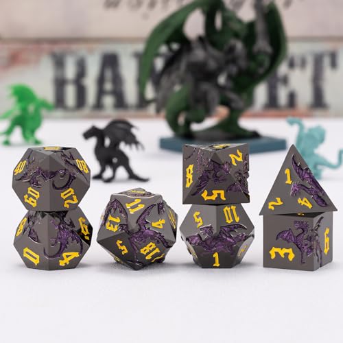 D&D Metal Dragon Dice Set with Dragon, Metallic Polyhedral Dice Set for Dungeons and Dragons RPG TTRPG D&D Die with Gift Case - color: Dragon-pearl Gun Glitter Purple