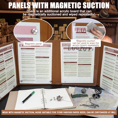DND DM Screen 5e Dungeon Master Screen Deluxe Leather 4-Panel Customizable Magnetic Panel Game Master Screen with Magnetic Stickers, for Dungeons and Dragon, Pathfinder