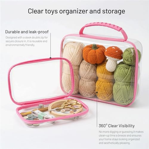 Clear Hard Shell Organizer Cases, 3 Pack with Handle | Durable PET shell with water-resistant, scratch-resistant surface for travel, toiletries, electronics and toys - color: Pink1