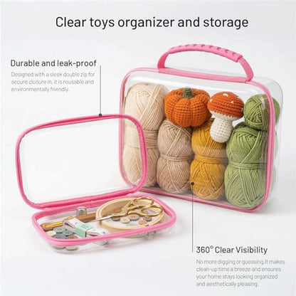 Clear Hard Shell Organizer Cases, 3 Pack with Handle | Durable PET shell with water-resistant, scratch-resistant surface for travel, toiletries, electronics and toys - color: Pink1