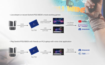 NJ700 4K Capture Card, HDMI 2.1 Video Capture Card with 4K144 HDR Passthrough, USB 3.2 Ultra-Low Latency for PS5 Pro, Xbox Series X, Switch 2, PC, OBS Streaming & Gaming Recorder
