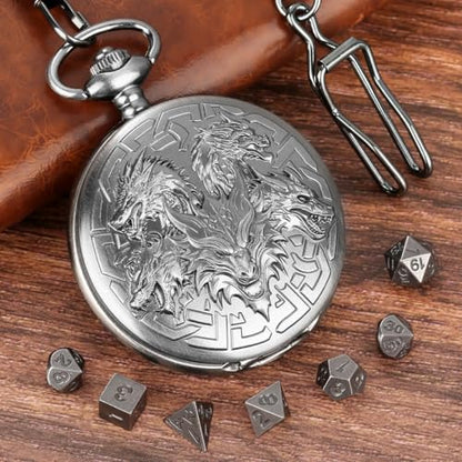 Mini DND Dice Set with Retro Five Dragon Heads Pocket Watch Shell Case, DND Starter Set, 7pcs Polyhedral Mini Metal Dice Set, D&D Gifts with Gift Box, Role Playing Board Game Accessories, Silver - color: Dark Silver