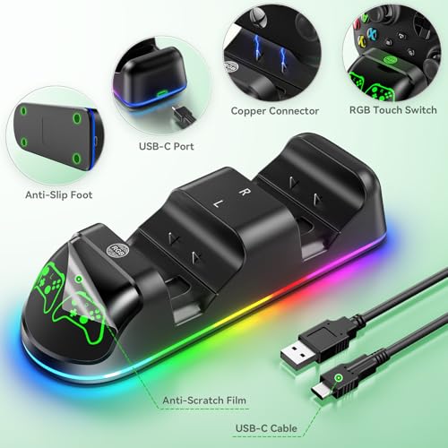 Controller Charger Station with 2x4800mWh Rechargeable Battery Packs Compatible with Xbox One/Elite/Series X|S, Controller Charging Dock, XB Gaming Accessories with 9 RGB Modes and 4 Battery Covers
