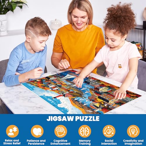 300 Pieces Puzzle for Adults | Town in Autumn Puzzle | Recycled Cardboard Large Piece Jigsaw Puzzles 300 Pieces | Challenging Game Home Decor Birthday Party Gift Toy for Adults Kids Seniors 20.5*15 in