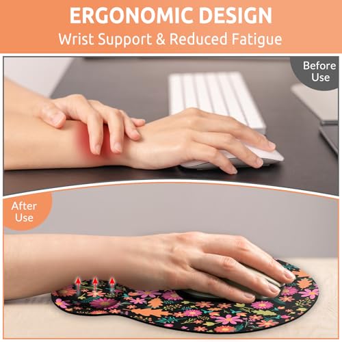 KONVINIT Ergonomic Mouse Pad with Wrist Rest, Small Mousepad with Non-Slip Rubber Base and Smooth Surface, Black Flowers Mouse Pads for Desk, Office Desk Accessories - color: Black Flowers