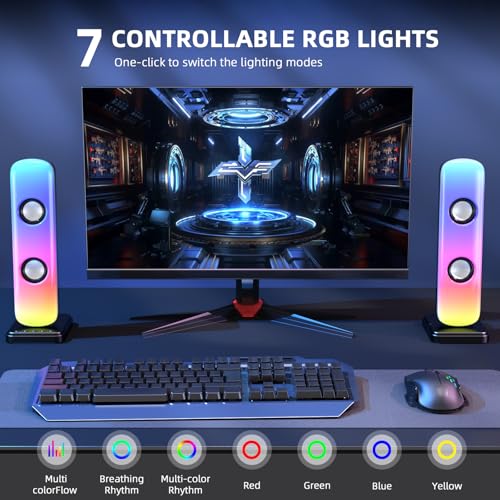NJSJ Computer Speakers for Desktop, 20W Hi-Fi Stereo Gaming Speakers with Bluetooth & 3.5mm Aux-in Connection, Controllable RGB Lights, AC Adapter Powered PC Speakers for Laptop, Monitors, Phones, TV