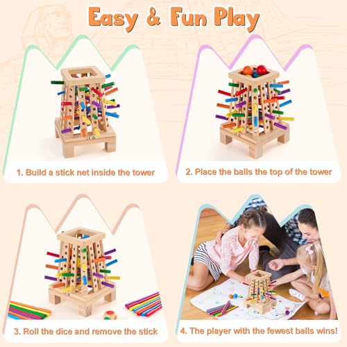 Montessori Board Game for Kids 4-6, Pyramid Wooden Sticks Dice Game | Math Educational, Fine Motor Skills Toy for 3+ Year Olds Girls Boys, Classic Table Game for Family Night