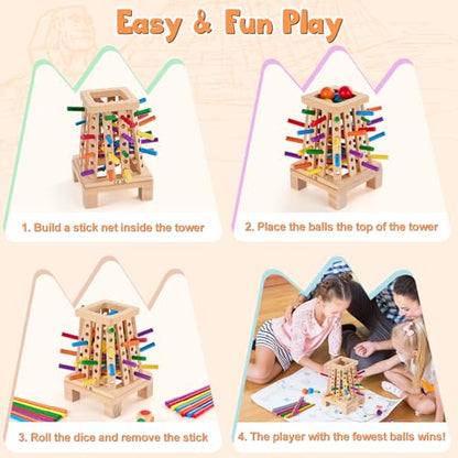 Montessori Board Game for Kids 4-6, Pyramid Wooden Sticks Dice Game | Math Educational, Fine Motor Skills Toy for 3+ Year Olds Girls Boys, Classic Table Game for Family Night
