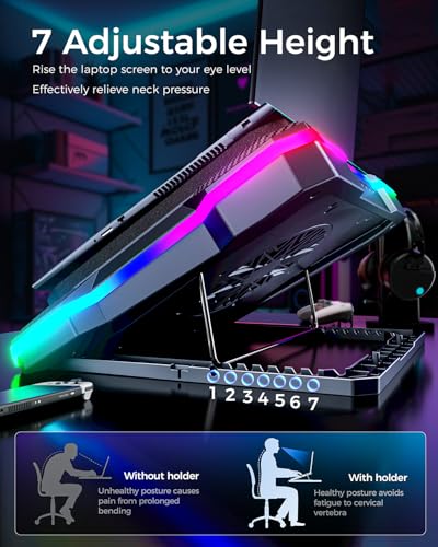 KeiBn Gaming Laptop Cooling Pad, Laptop Fan Cooling Pad with 5.5inch RGB External Fan, Rapid Cooling Laptop 15.6-19.3inch, 8 Height Stands, 2 USB Ports, Phone Holder-K1 5V RGB - color: Blue