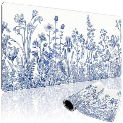 Blue Floral Large Gaming Mouse Pad Desk Mat 31.5"x15.7" Non Slip | Extended Mousepad, Non-Slip Rubber Base , Stitched Edges, for Computer/Laptop/Office/Home - color: Narcissus