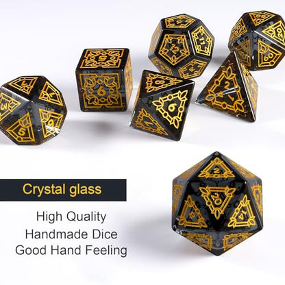 Premium Obsidian DND Dice Set with Celtic Knot Engravings – 7 Piece Polyhedral Gemstone Dice for Dungeons and Dragons, RPG, Tabletop Games – Black with Gold Numbers(Glass, Grey) - color: Grey