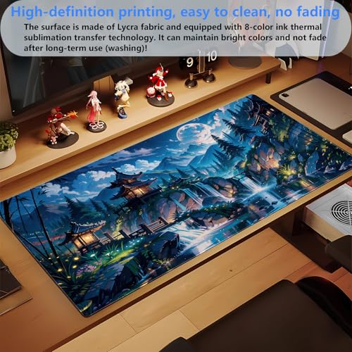 Pagoda Landscape Desk Pad, Large Extended Keyboard Mousepad 31.5x15.7 | Aesthetic mystical forest desk mat featuring comfortable 3mm padding, premium glides, and reliable grip base. - color: Full Moon
