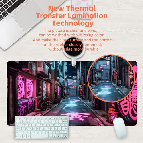 Desk Pad, Anime City Street Scene Desk Mat, Pink Neon Street Large Gaming Mouse Pad for Desk, 31.5"x15.7" Extended Big Computer Keyboard Mouse Pad with Non-Slip Base and Stitched Edge - color: Anime City Street Scene