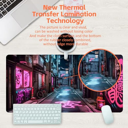 Desk Pad, Anime City Street Scene Desk Mat, Pink Neon Street Large Gaming Mouse Pad for Desk, 31.5"x15.7" Extended Big Computer Keyboard Mouse Pad with Non-Slip Base and Stitched Edge - color: Anime City Street Scene