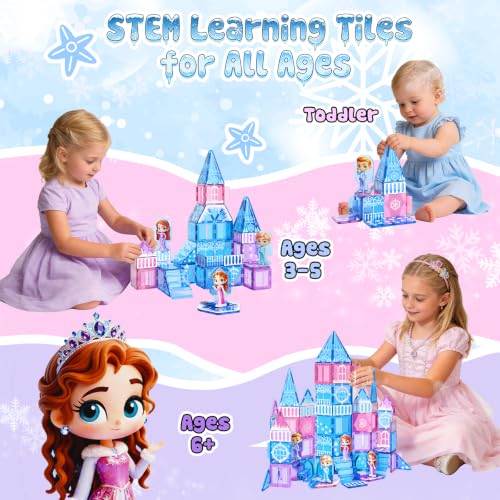 GobiDex 100PCS Magnetic Tiles Princess Castle Building Set with 4 Dolls | Princess Magnetic Blocks Building Toys for Kids Ages 4-8, Colorful Magnetic STEM Toys, 3 4 5 6 Year Old Girl Birthday Gifts
