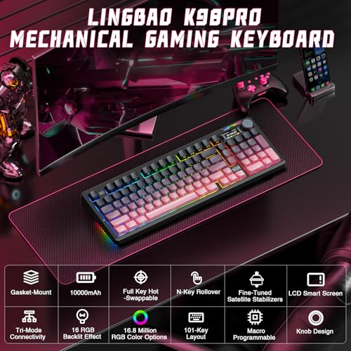 LINGBAO K98 PRO Mechanical Keyboard Wireless, with Screen & Knob,RGB Gaming Keyboard, Tri-Mode BT5.0/2.4GHz/USB-C, Gasket Mount Hot-Swappable Linear Switches Gamer Keyboards for PC/Mac/Linux/Android - color: K98Pro | 10000mAh | Gradient Black Pink