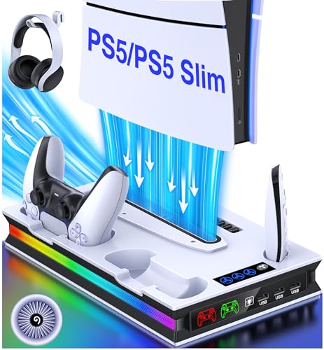 PS5/Pro/Slim Stand and Cooling Station with Controller Charging Station for Playsation 5 Disc Digital Console, PS5 Accessories Incl. 3 Level Cooling Fan, LED, 3 USB Hub, Media Slot, Headset Holder