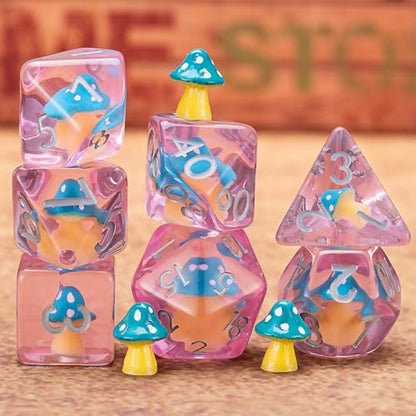 DND Mushroom Resin Dice Set, Polyhedral Dice for Dungeons and Dragons, RPG, MTG D&D 7-DIE (D4, D6, D8, D10, D12, D20, D%) - color: Blue Mushroom