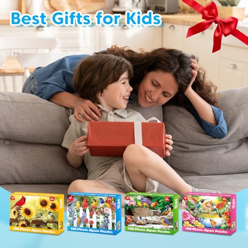 4-Pack 100 Piece Puzzles for Kids Ages 6-8 8-10 Year Old, Birds Puzzles, Large Piece Puzzle for Seniors 100 Pieces Adults Jigsaw Puzzle, Learning Educational Toys for Boys and Girls - style: Cardinals Birds Hummingbirds