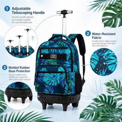 3Pcs Rolling Backpack for Boys Men, Travel Roller Backpacks with Wheels for Adults, Teens College Leaf Wheeled Bookbag with Lunch Box(Green) - color: Green Leaf