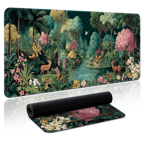 Aesthetic Desk Mat, Cute Enchanted Forest Desk Pad Protector for Work & Decor, 35.4" x 15.7", Pretty Non-Slip Extended Mouse Pad for Office or Home - color: E.Enchanted Grove, size: 35.4L x 15.7W inches