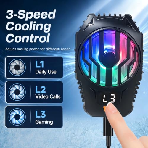 Clip-On Phone Cooler Semiconductor Cooling Fan - RGB Display Three-Speed Gaming Cell Phone Cooler Radiator for Mobile Cooling Pad Live Broadcasting Vlog Video Call