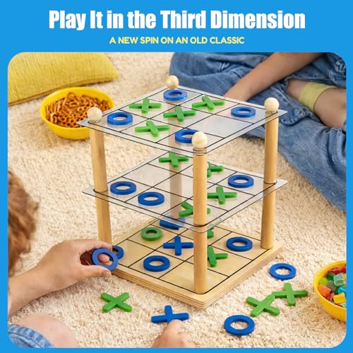 3D Ultimate Wooden Tic Tac Toe Board Game – Classic XO Strategy Game for Kids & Adults, Fun Family Table Games Night, Durable Wooden Tabletop Game