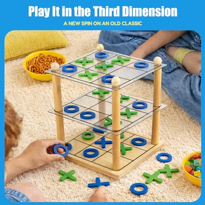 3D Ultimate Wooden Tic Tac Toe Board Game – Classic XO Strategy Game for Kids & Adults, Fun Family Table Games Night, Durable Wooden Tabletop Game