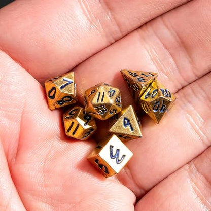 Mini Dice Set with Rune Keychain Case,7PCS Polyhedral Metal Dice Set for DND Role Playing Games(Silver/Gold Blue) - color: Silver/Gold Blue