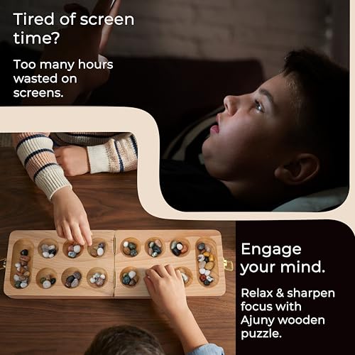Ajuny Mancala Board Game, Real Natural Stones, Folding Wooden Travel Set | Solid beech wood, 80 unique real stones (48+32), folds & latches shut. Screen-free 2 player game for family night, kids 6+ - size: 8 Inch