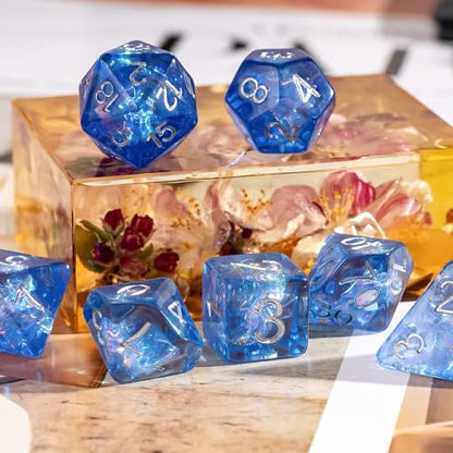UDIXI DND Dice Set, Resin Polyhedral Dice Set Iridescent Inclusion for D&D | Velvet Storage Bag, Blue, DM Gift, for Dungeons and Dragons Role Playing Games Board Games - color: Blue