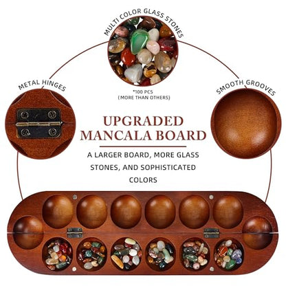 Offelec Wooden Mancala Board Game Set, Large 15.8 Inch Folding Board with 100 Multi Color Stones, 2-Player Classic Family Strategy Game for Kids & Adults, Portable Travel Mancala with Instructions - color: Upgraded Large Mancala Board