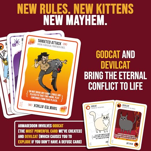 Exploding Kittens Good vs. Evil: 2-5, Age 7+, Party & Family Card Game | Battle with Godcat and Devilcat, use the playmat, and unleash good-versus-evil chaos in a fast, travel-ready card game. - style: Good vs. Evil