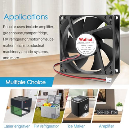 Wathai IP67 Waterproof 80mm x 25mm 12V Cooling DC Fan for RV Fridge Exhaust | 2 Pack, Dual Ball, 3 Inch, High Speed 12V Fan for RV Fridge Refrigerator DC Brushless Fan 12V waterproof 80mm - size: 80x25mm