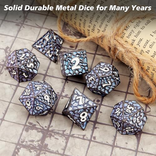 PJOY Metal DND Dice Set for Dungeons and Dragons Dice with Case Meteorite Black Blue Glitters 7PCS 16mm Role Playing Cool DND Gifts for Players D&D DM Game Masters - color: Black Blue