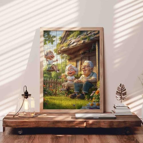 1000 Piece Jigsaw Puzzle for Adults Students Cute Old Couple Sitting On Porch with Boy Swinging in Garden Puzzles Sunny Day Nature Scene Colorful 20×27 Inches Relaxing Educational Jigsaws Game - color: Puzzle-grandma-07