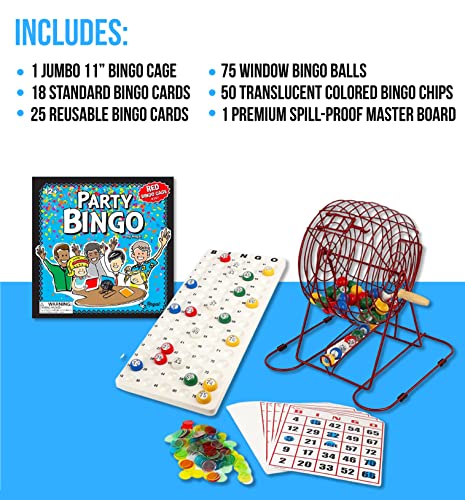 Regal Bingo Red Professional Bingo Game Set with 11" Wheel Cage, 75 Bingo Balls, Master Board, 18 Bingo Cards & 25 Jumbo Reusable Cards, and Colorful Chips - Bingo Games for Adults Large Group - color: Professional Red