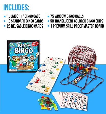 Regal Bingo Red Professional Bingo Game Set with 11" Wheel Cage, 75 Bingo Balls, Master Board, 18 Bingo Cards & 25 Jumbo Reusable Cards, and Colorful Chips - Bingo Games for Adults Large Group - color: Professional Red