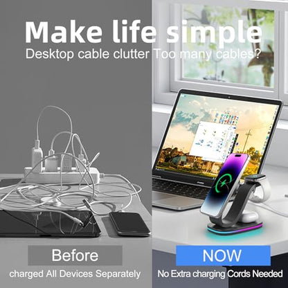 Wireless Charging Station, 2026 Upgraded Fast 15W 3-in-1 Charger Station for iPhone 17/16/15/14/13/12 Series, Watch Airpods 1-8/Ultra, iPad, AirPods