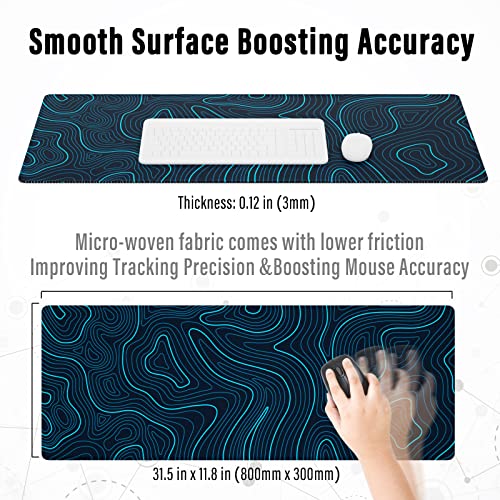 Ovenbird Gaming Mouse Pad with Stitched Edges, Topographic Map Blue Extended XL Mousepad with Anti-Slip Base, Cool Large Mouse Pad for Desk, 31.5 x 11.8 in, Blue - color: Blue Topo, size: Extended