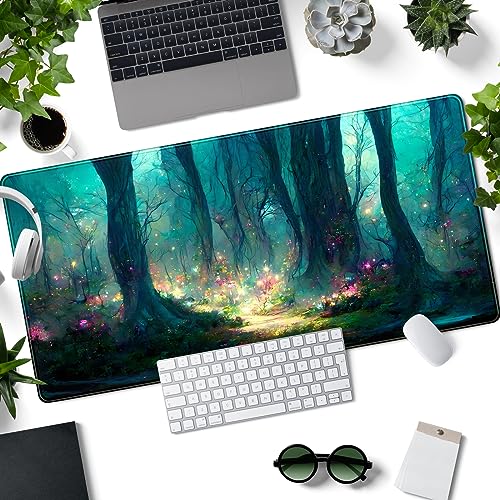Forest Desk Mat Blue Green Mouse Pad Large Laptop Computer Keyboard Mouse Mat Gaming Mousepad XXL 31.5''X 15.7'' Deskpad Deskmat Cute Desk Pad - color: A Green Forest