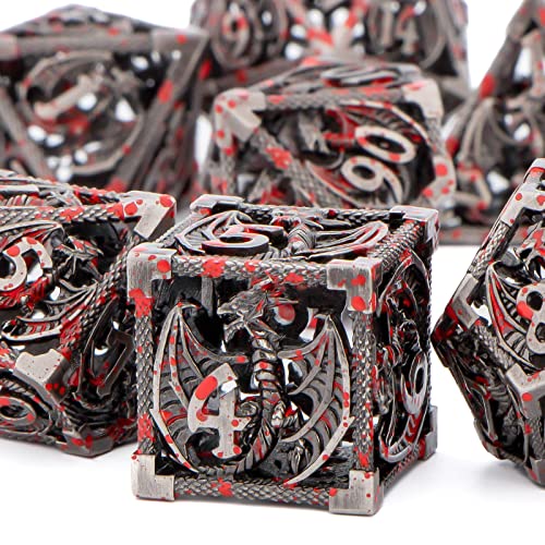 KERWELLSI Hollow DND Dice Set D&D with Gifts Box, 7pcs Polyhedral Metal D and D Dice for Role Playing Game, Dungeon Dragon Dice D20 D12 D10 D8 D6 D4 (Blood) - color: Blood