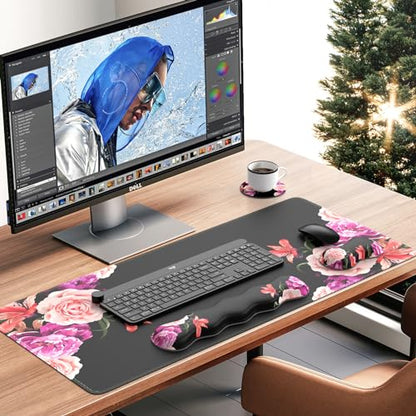 iLeadon Mouse Pad Set, Peony Flower Desk Mat for Keyboard and Mouse | Mouse Pad and Keyboard wrist rest,Coaster, Desk Mat Set with Stitched Edge & Non-Slip Base, Desk Pad Mat for Work Gaming - color: Peony Flower