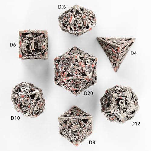 7PCS DND Dice Set, Premium Hollow Metal Polyhedral Dice with Treasure Chest & Dice Bag, Gift for Men & Women, Dungeons and Dragons, TTRPG RPG Tabletop Games (Antique Silver Red Speckles) - color: Antiquesilver-redspeckles