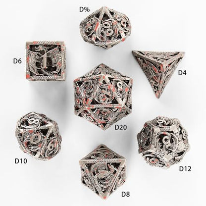 7PCS DND Dice Set, Premium Hollow Metal Polyhedral Dice with Treasure Chest & Dice Bag, Gift for Men & Women, Dungeons and Dragons, TTRPG RPG Tabletop Games (Antique Silver Red Speckles) - color: Antiquesilver-redspeckles