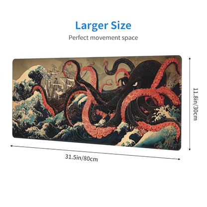 Japanese Octopus Gaming Mouse Pad Extended Large Mouse Mat 31.5 X 11.8 Inch Nonslip Rubber Base Long Desk Pad Stitched Edges Mousepad Mice Pad for Office Home Game - color: Japanese Octopus
